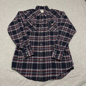 Ely Cattleman Shirt Mens L Tall Navy Blue Red Piaid Long Sleeve Pearl Snap